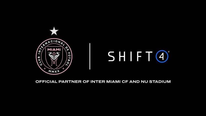 Inter Miami CF logo next to Shift4 logo with text stating official partner of Inter Miami CF and NU Stadium.