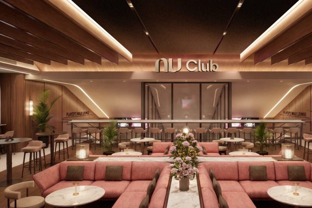 Modern Nu Club lounge interior with seating and bar area inside stadium
