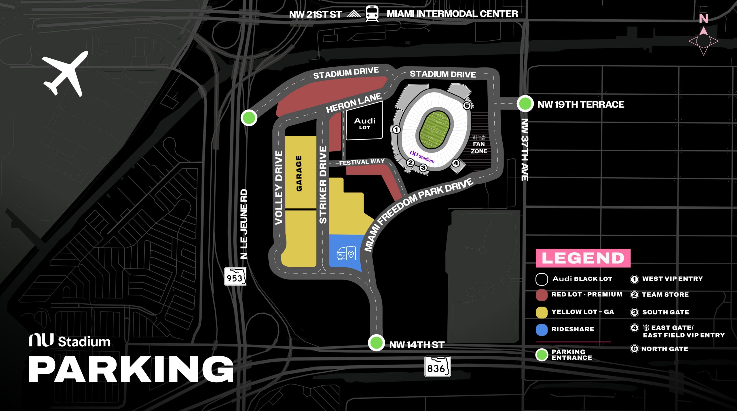 Map of NU Stadium showing parking lots, entrances, roads, and nearby streets with labeled zones