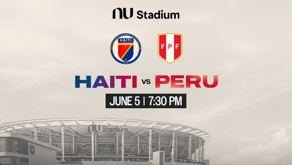 Promotional graphic for a soccer match between Haiti and Peru at NU Stadium on June 5 at 7:30 PM.