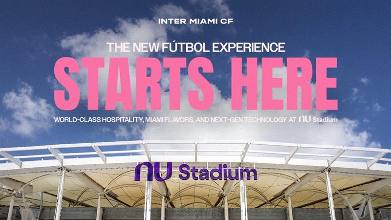 Promotional graphic for Inter Miami CF featuring NU Stadium and messaging about a new fútbol experience with hospitality, local flavors, and technology.